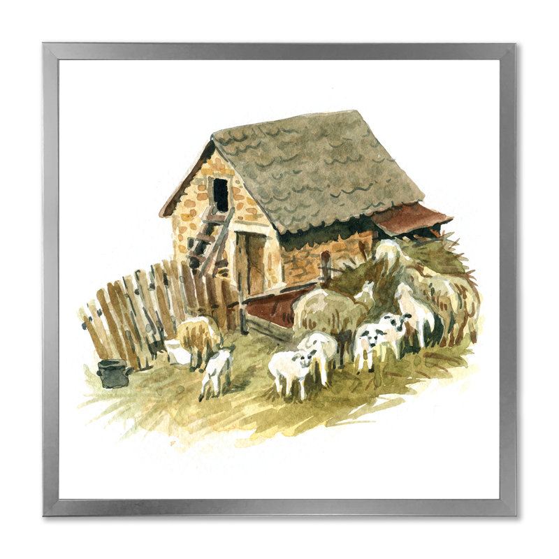 Vieille ferme avec moutons - Peinture sur toile, H 16 po x l 16 po, Cadre photo argenté
