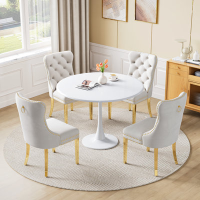 5-Piece Round Metal Dining Table Set With Velvet Upholstered Chairs – Modern Dining Furniture For Small Spaces