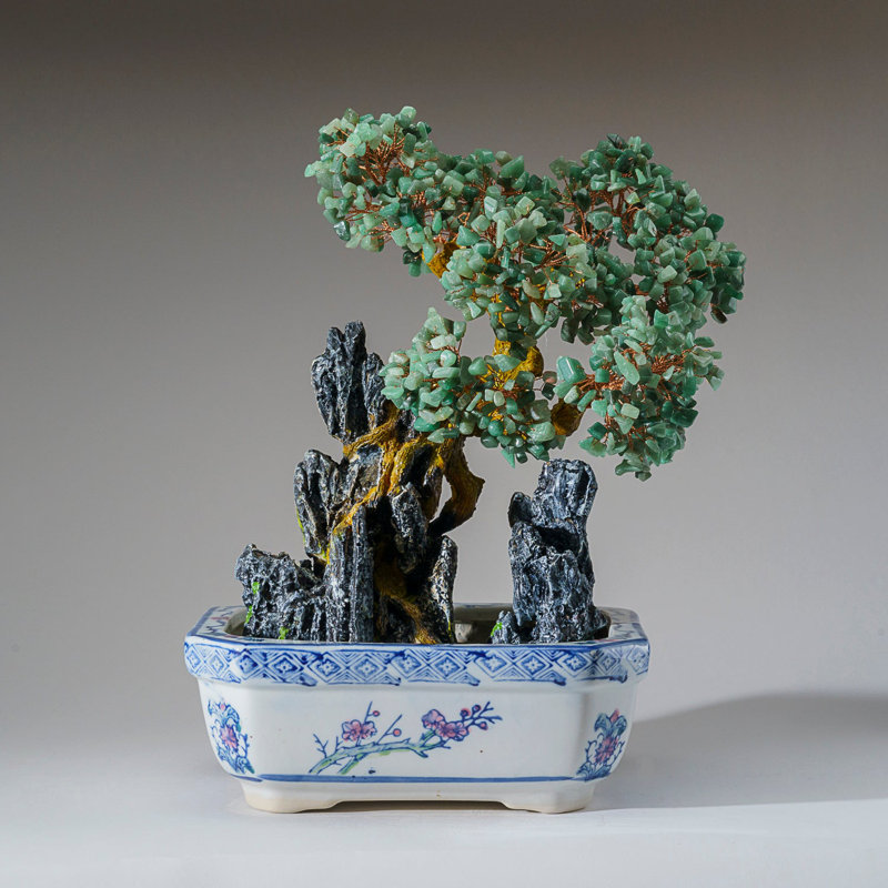 Genuine Green Aventurine Bonsai Tree in Square Ceramic Pot (13")