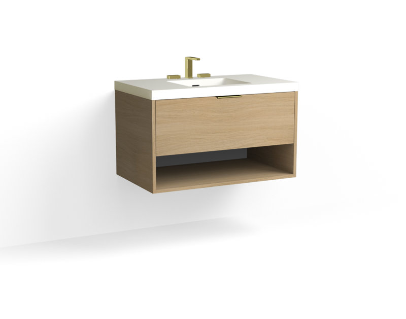 Modo 36" W Wall Mounted Single Bathroom Vanity, Matte White/Single, Biondo, Satin Brass