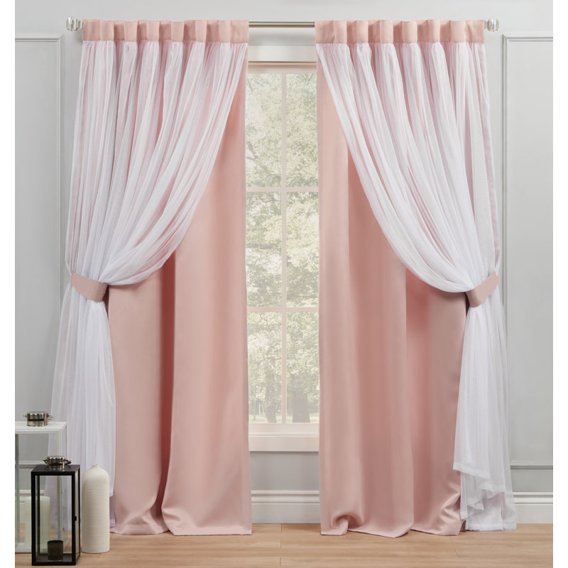 Exclusive Home Catarina Layered Solid Room Darkening and Sheer Hidden Tab/Rod Pocket Top Curtain Panel Pair, Rose Blush