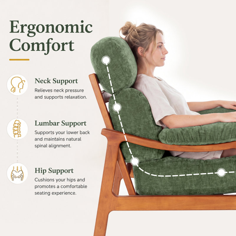 Mid-Century Accent Chair With Solid Wood Frame And Removable Cushions, Green