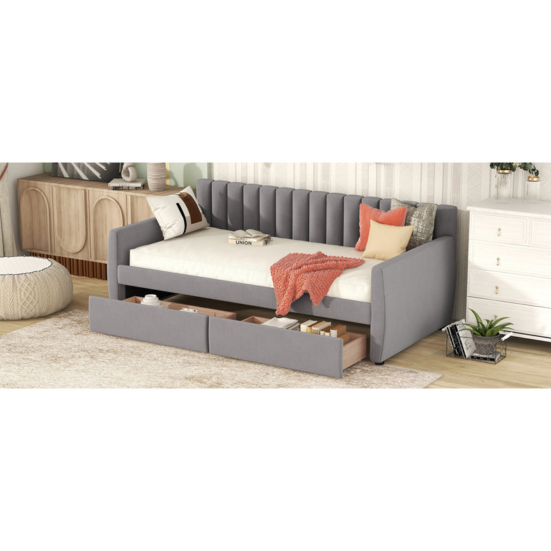 Lit de jour simple tapissier avec tiroirs, support en lattes de bois, Gris
