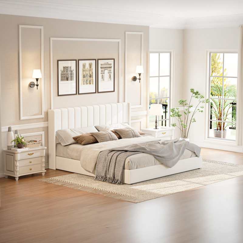 Lift Up Storage Bed Frame / Vertical Channel Tufted Headboard, White, Queen