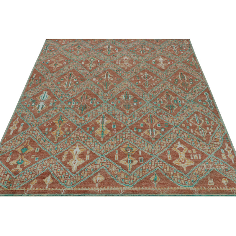 Moroccan Hand Knotted Geometric Area Rug in Red, Green, Orange, Teal, Rectangle 10' x 14'