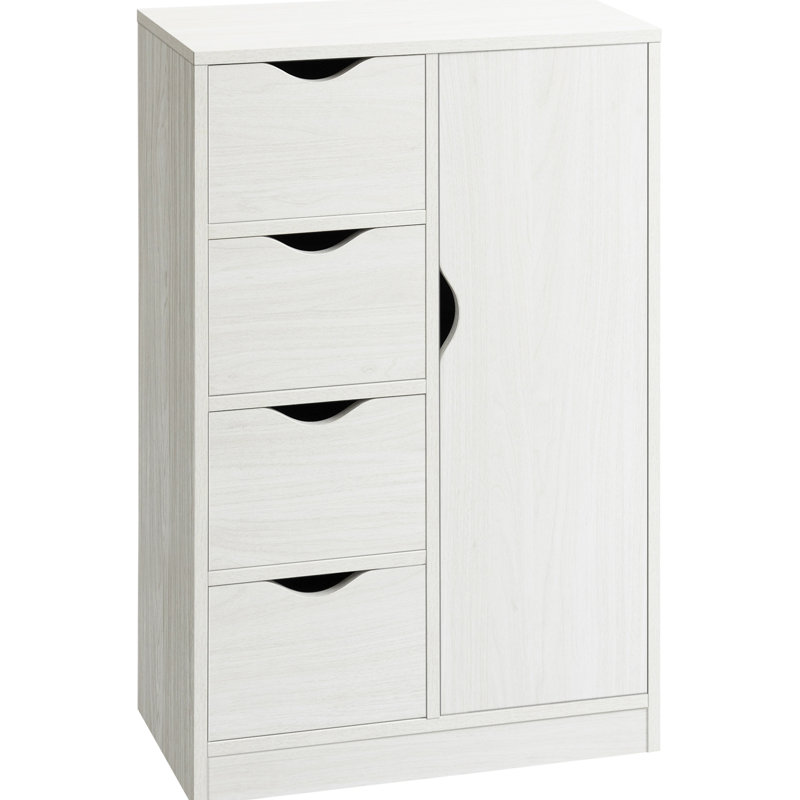 Armoire de rangement avec 4 tiroirs et porte pour salle de bain, style bois blanc, panneau de particules, sécurité de sécurité, porte d'apparence moderne, finition, structure de panneau de particules, mobilier de style