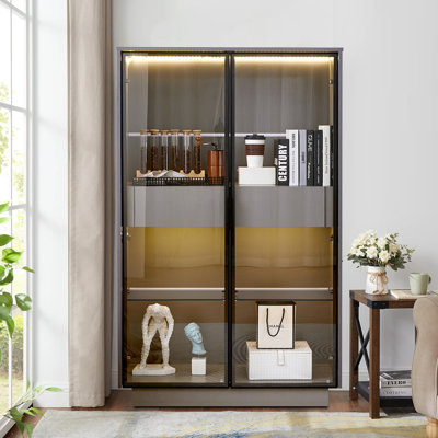 Modern lighted curio cabinet display cabinet with Glass Shelves and Soft-Close Hinges, drawers for Bedroom or Living Room