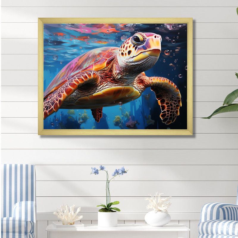 Tortue de mer pastel sur toile, Cadre doré simple, H 12 po x l 20 po x P 1 po