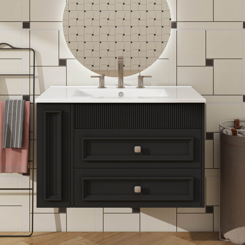 Meuble-lavabo mural 30 po avec lavabo, meuble-lavabo flottant à 2 tiroirs avec mécanisme de fermeture en douceur, Noir