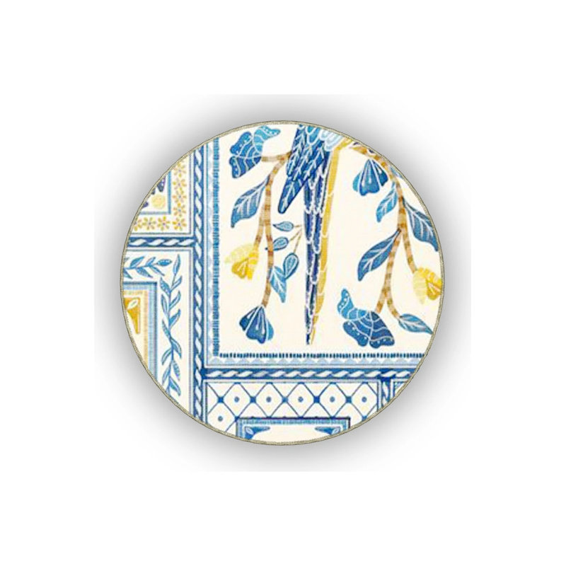 Blue Yellow Themed Flower Palm Parrot And Toucan Bird Figures Patterned Modern Decorative Carpet, Round 5'