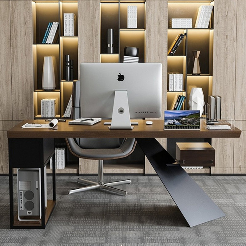 Bureau brun foncé + bois massif rectangulaire noir + bureaux en fer, Retour à droite, H 29,53 po x l 62,99 po x P 27,56 po