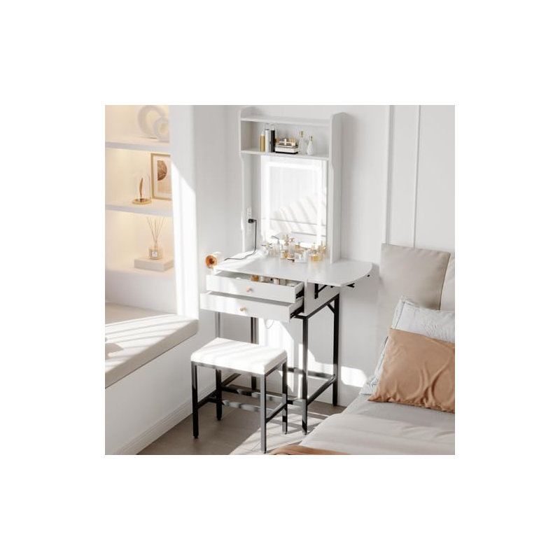 Small Makeup Vanity Desk with Mirror and Lights, Compact Vanity Table with Adjustable Tri-Color LED, 2 Drawers, Hair Dryer Holder