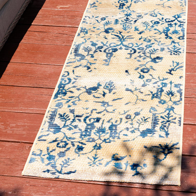 Tapis intérieur / extérieur à motif floral beige / bleu Newt, Tapis de couloir 2 pi x 6 pi 1 po