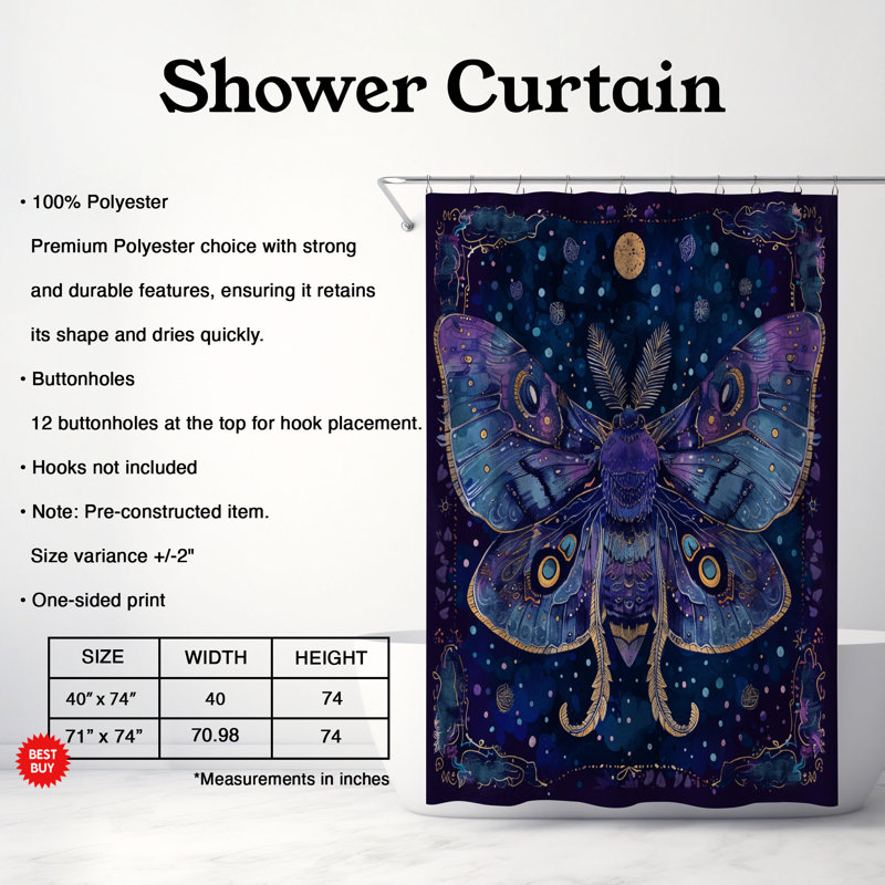 Rideau de douche 1 pièce Mystic Moth, H 74 po x l 40 po