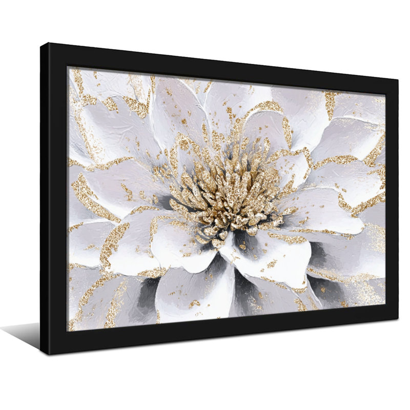 Plantes et fleurs fleur blanche avec des accents dorés, H 20 po x l 30 po, Impression encadrée sans passe-partout, Noir