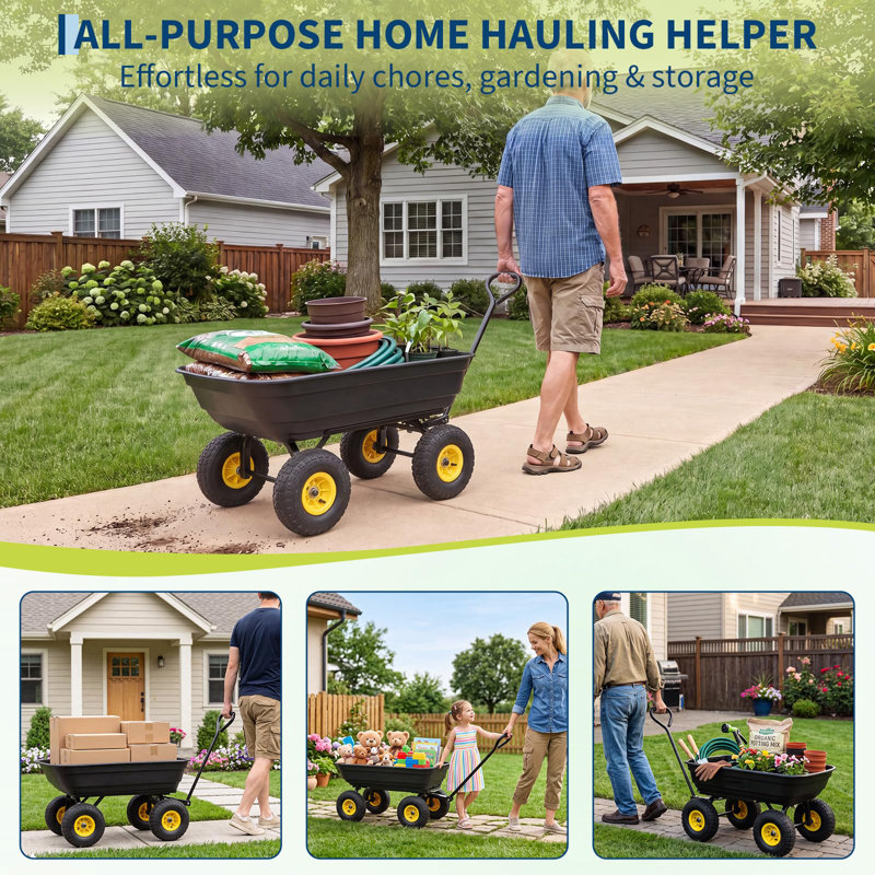 Heavy-Duty Garden Dump Cart, 400 lb Capacity Poly Yard Wagon - Quick-Release Dump Bed - Steel Frame - Pneumatic Tires, Black - Plastic Spokes + Rubber Wheels