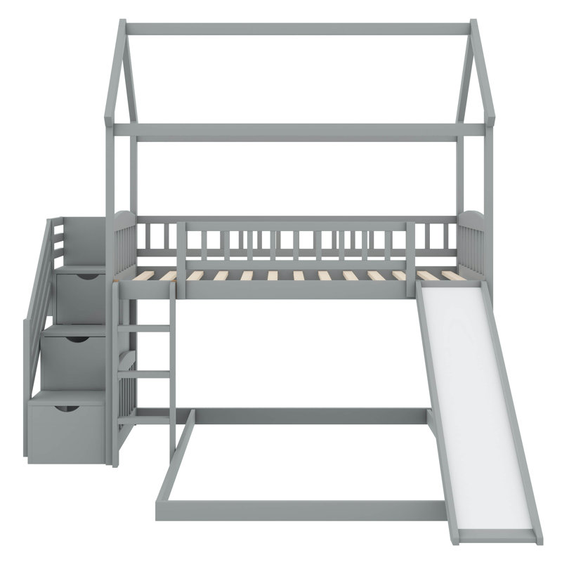 Adorable Twin Over Full House Bunk Bed With An Entertaining Slide And Convenient Stairs, Gray