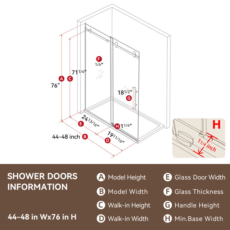 44" - 48" W X 76'' H Frameless Single Sliding Shower Door Bypass Matte Black Glass Door Alcove Bathroom Shower Door with Clear Tempered Glass