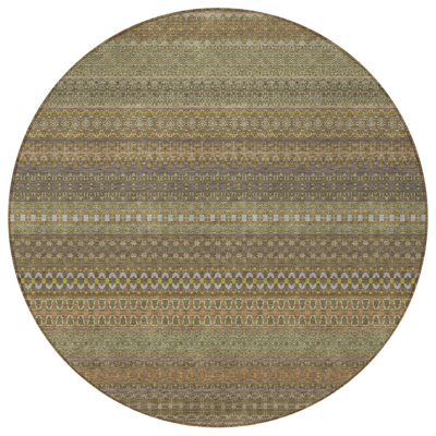 8' Round Khaki Round Striped Washable Non Skid Indoor Outdoor Area Rug