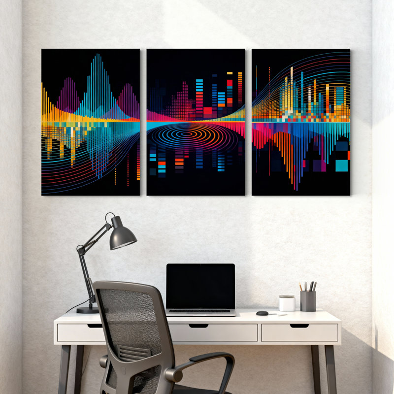Ensemble de 3 tableaux sur toile à motif d'ondes sonores colorées abstraites, H 30 po x l 60 po