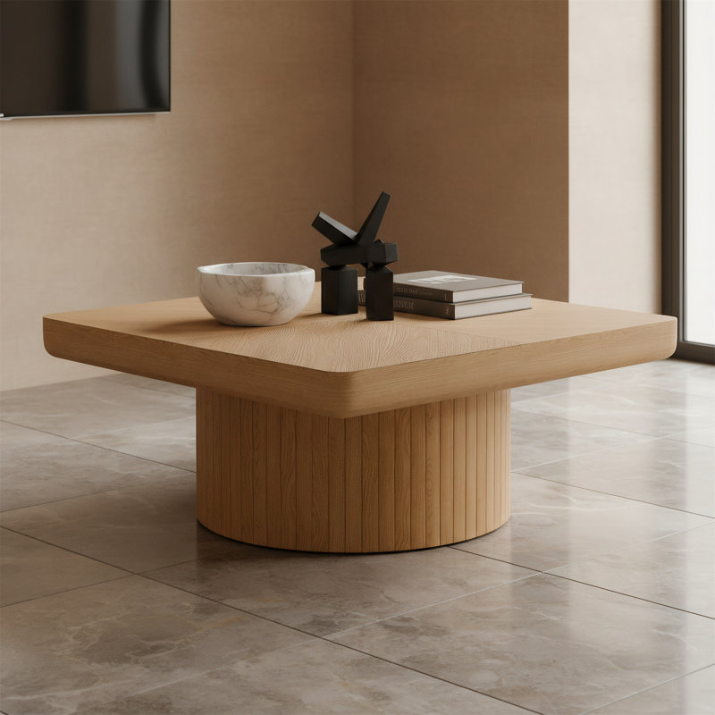 Table basse de salon 34,6 pouces avec conception lambrissée et base cylindrique, Natural