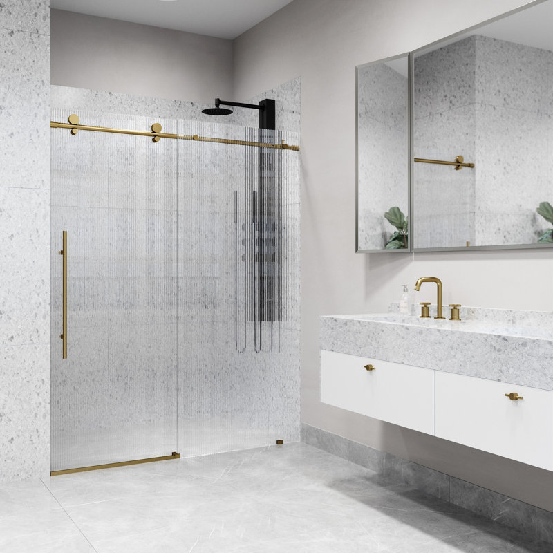 Elan E-Class 56-60" W x 76" H Sliding Frameless Shower Door with 3/8" Fluted Glass, Left, Matte Brushed Gold