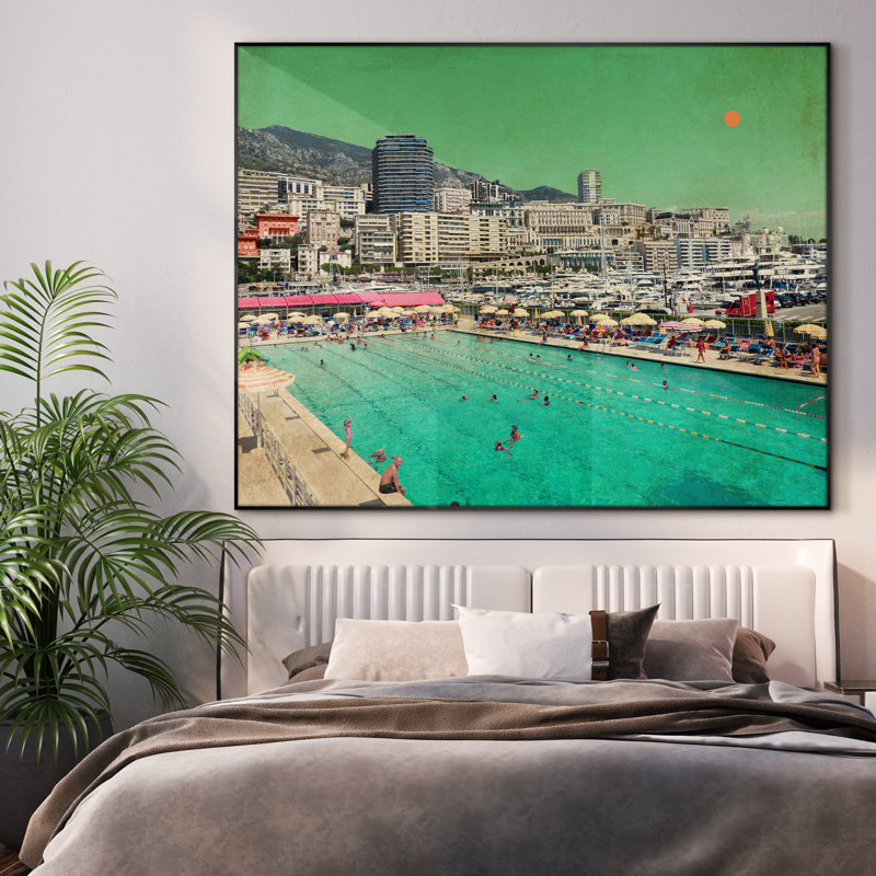 Très grande reproduction d'art sur tissu - Coastal City, bord de piscine, bord de mer, paysage urbain, décoration pour le salon ou la chambre à coucher - «Assemblage requis du cadre (cadre non fini)»