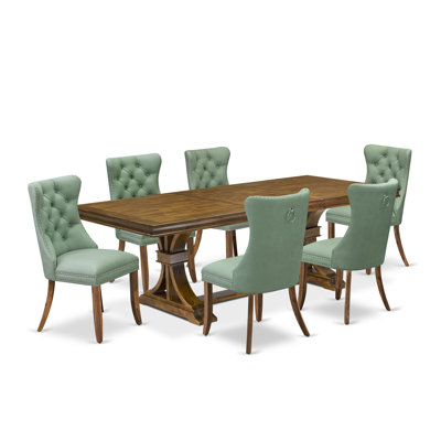 Ensemble de table de cuisine 7 pièces composé d'une table de salle à manger et de 6 chaises de salle à manger modernes en polyester vert Willow avec dossier capitonné - Finition noyer antique