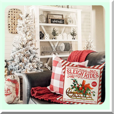 Rustic Holiday Vintage Pillow Covers Set - Red Trees Candy Cane Sleigh Rides Reindeer Decorations - Throw Pillows Cases - Country Decor