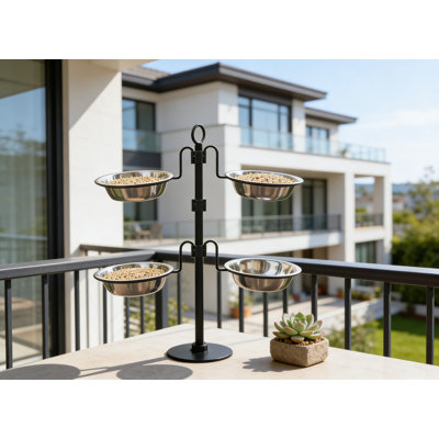Mangeoire d'oiseaux réglable à 3 niveaux avec pince pour rampe, 4 bols amovibles en acier inoxydable pour les graines, l'eau et le bain d'oiseaux - Balcon, patio et extérieur