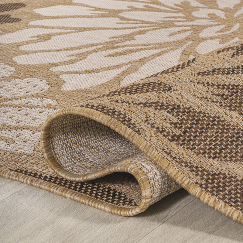 Zinnia Modern Floral Textured Weave Brown/Cream Indoor/Outdoor Rug, Runner 2'2" x 10'