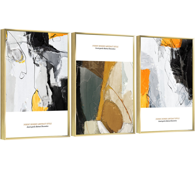 Abstrait aluminium encadré, ensemble de 3 reproductions d'art encadrées sur toile, H 16,3 po x l 36,3 po x P 1,65 po