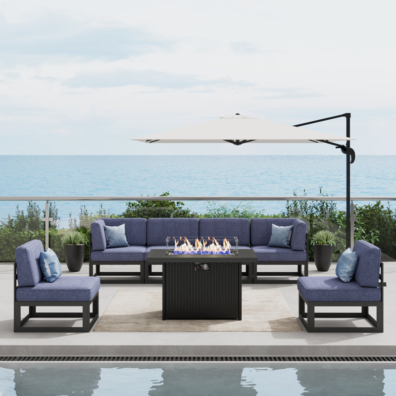 Ezzo 6 - Person Patio Conversation Set with Cushions, Navy Blue