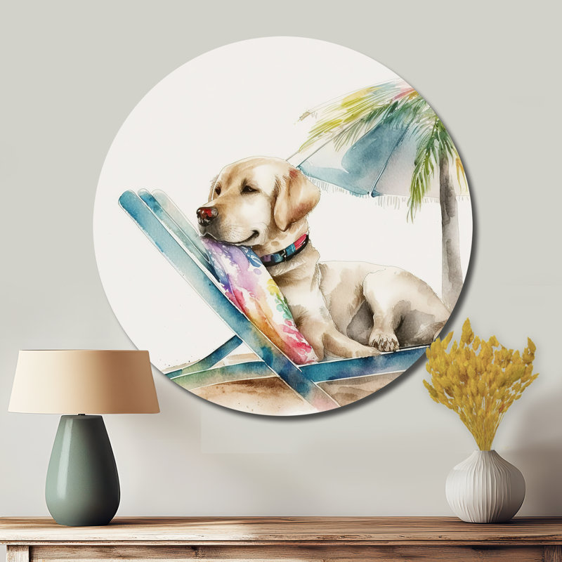 Chien sur une chaise à la plage I - animaux, art en métal rond, 29" H x 29" W