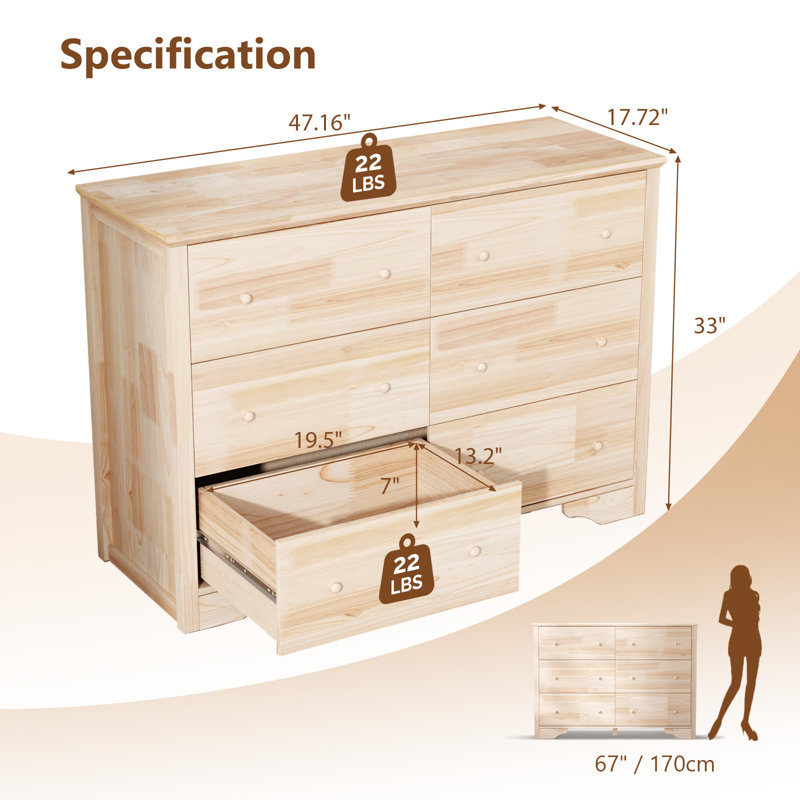 Armoire à six tiroirs à double rangée en bois d'hévéa naturel et panneau de fibres à densité moyenne (1 pièce)