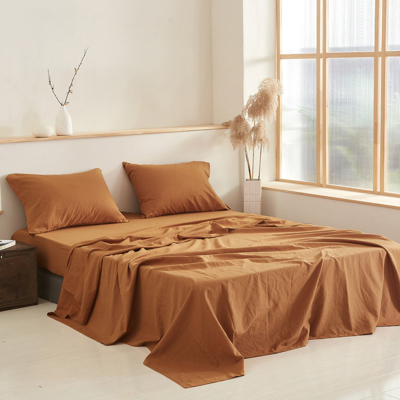 Ensemble de draps en lin, Ensemble de draps pour lit double avec 2 taies d'o, Brun