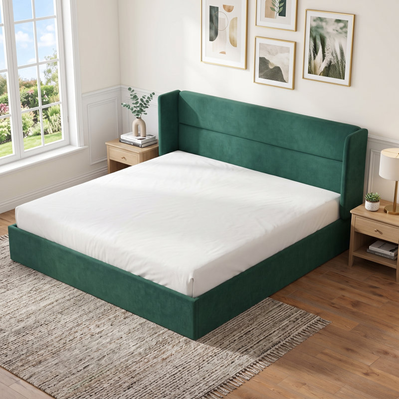 Structure de lit tapissier Annek avec rangement relevable, tête de lit à oreilles de H 40,9 po, lattes de bois et structure en métal, plusieurs tailles et options de tissu disponibles