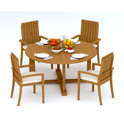 5 Pcs Grade-A Teak Wood Dining Set: 60" Round Table And 4 Goa Stackng Arm Chairs #11GO1204