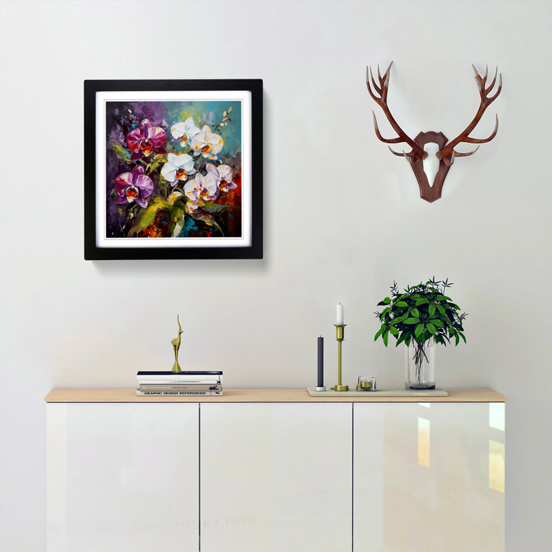 Orchid Flower Palette Knife Painting No.8 - Framed Print, Black