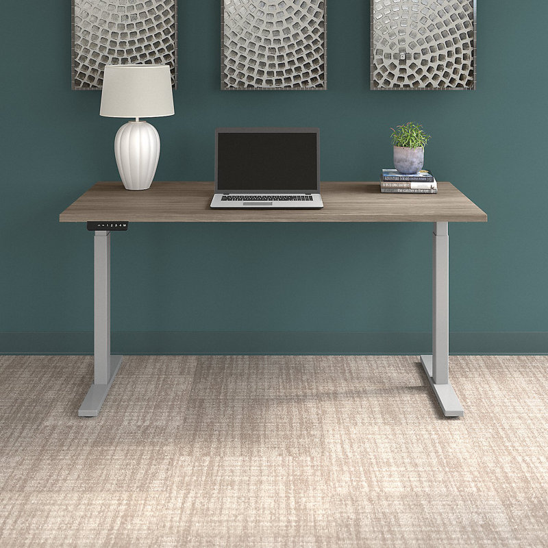 Adjustable Metal Base Standing Desk, Sand Oak/Black, 47.68" H x 47.59" W x 29.37" D