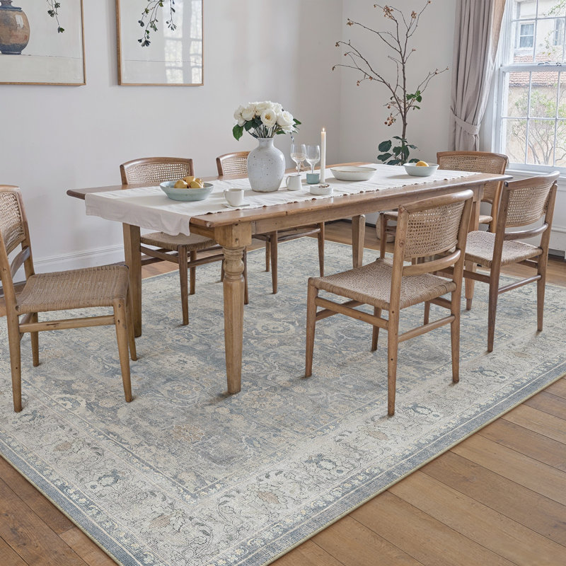 Tapis bleu lavable rétro Bremerton avec envers antidérapant, Rectangulaire 8 pi x 10 pi, Bleu