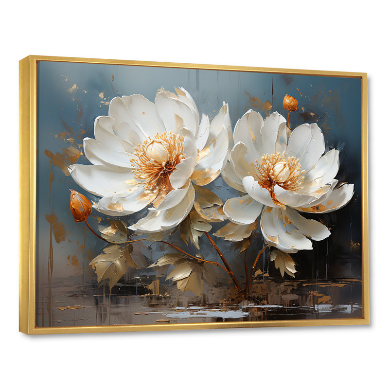 «Lotus Blossoms Bathed in Moonlight I», reproduction sur toile, Cadre flottant doré, 16" H x 32" W