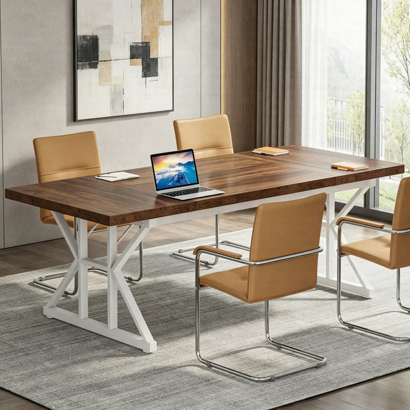 70.8" Executive Desk, Large Computer Office Desk With Metal Frame, Modern Workstation Table, Brown/White