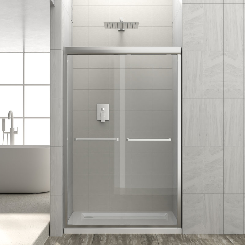 Porte de douche coulissante double sans cadre l 48 po x H 76 po avec verre, Chrome