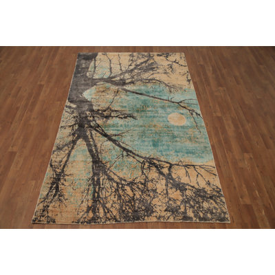Abstract Tree Silhouette Modern Area Rug 5x8 with Moonlit Sky Design