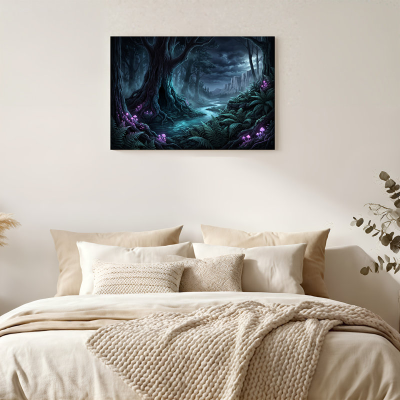 Art mural sur toile forêt foncée avec champignons mauves et ruisseaux, H 28 po x l 40 po