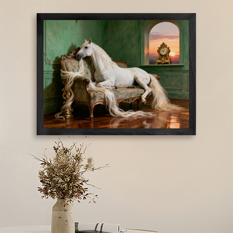 Art encadré noir Un cheval blanc de rêve allongé sur le canapé, impressions sur toile de style rétro, H 25 po x l 37 po