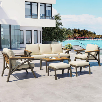 Ensemble de 6 meubles de patio extérieur, ensemble de canapé à structure en acier avec canapé à 3 places, 2 fauteuils, 2 repose-pieds et table basse en bois d'acacia, sièges rembourrés pour la cour, le jardin, le bord de la piscine