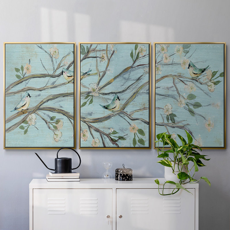 "Blue Sky and Blossoms", reproduction sur toile 3 pièces, H 24 po x l 48 po x P 2 po, Or