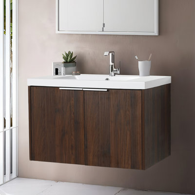 Armoire de salle de bain à fixation flottante 30 po avec lavabo en résine, portes à fermeture en douceur
